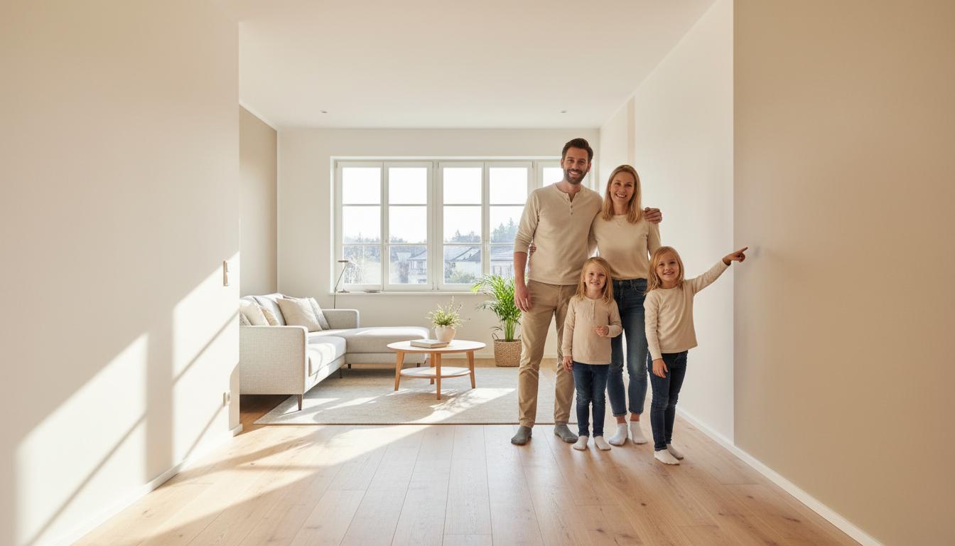 Glückliche Familie in ihrer neu renovierten Wohnung mit Wänden von Swiss Wall
