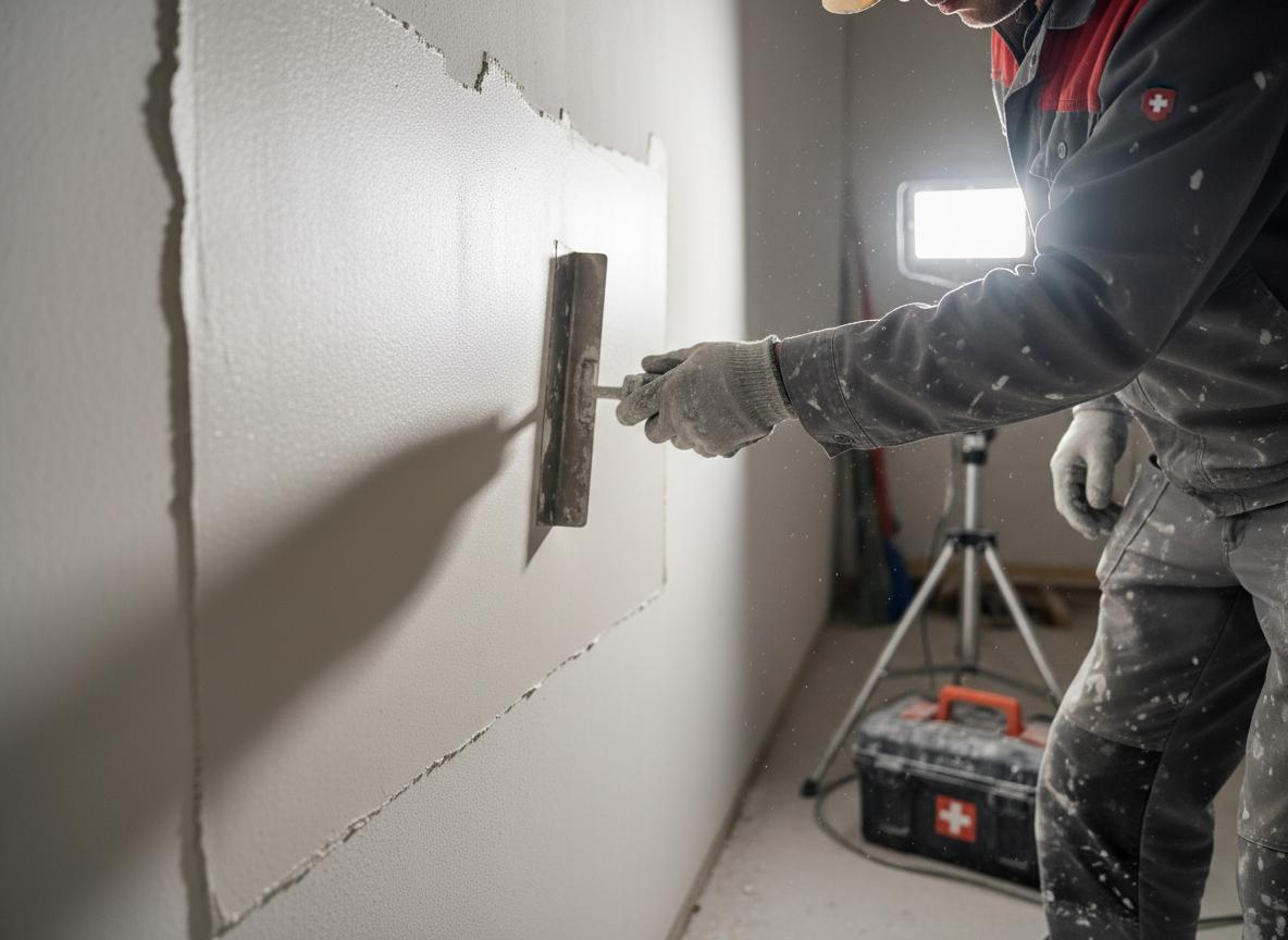 Gipser verputzt eine Wand professionell mit einem Spachtel